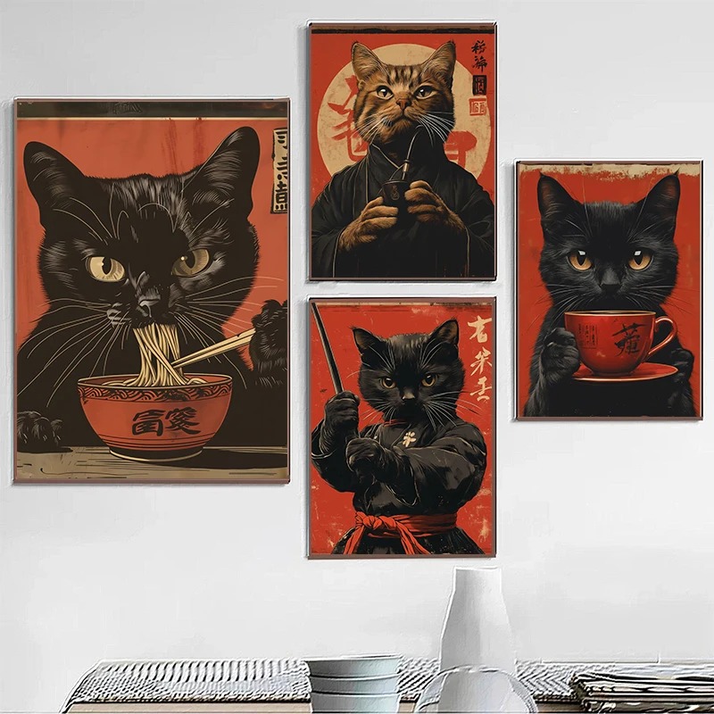 Japanese Eating Lifestyle - Japon Edo Tarzı Siyah Kedi Yeme